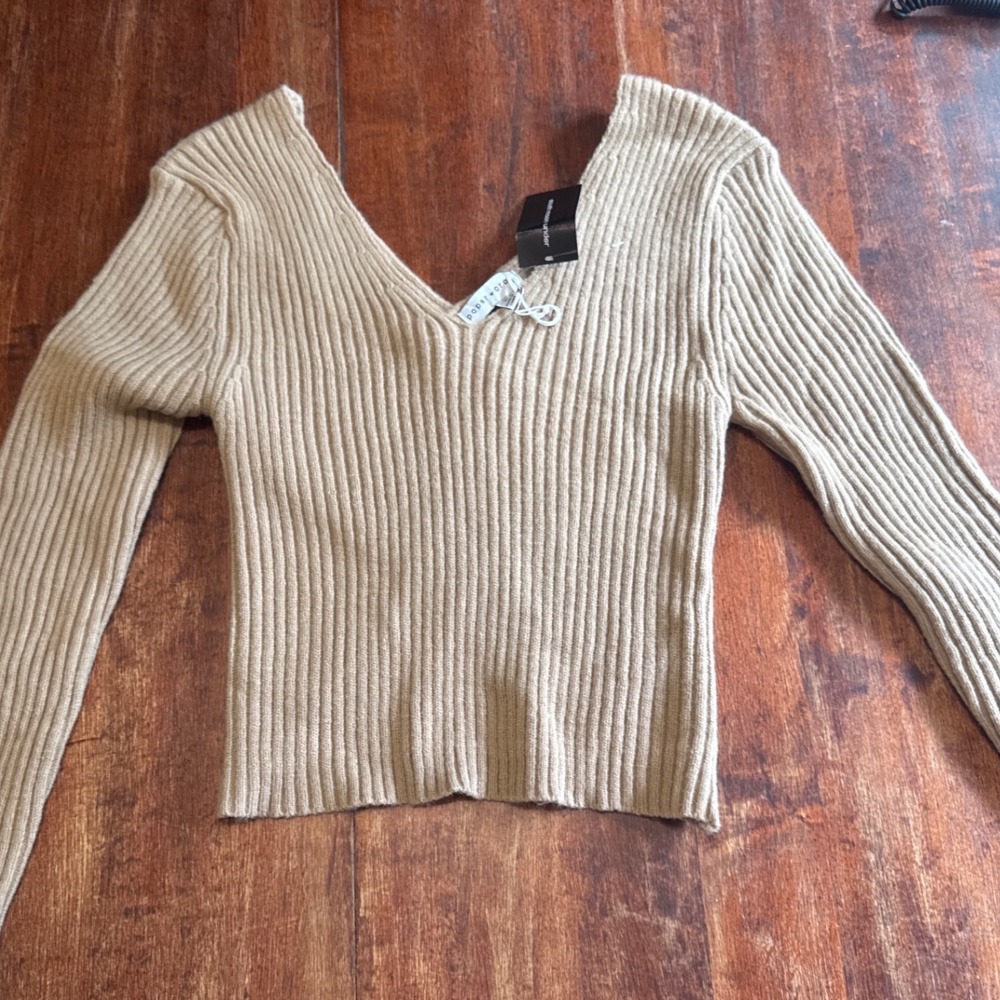 Paper Crane Taupe Ribbed V-Neck‎ Surplice Cross Back Sweater SW79100 Small NWT